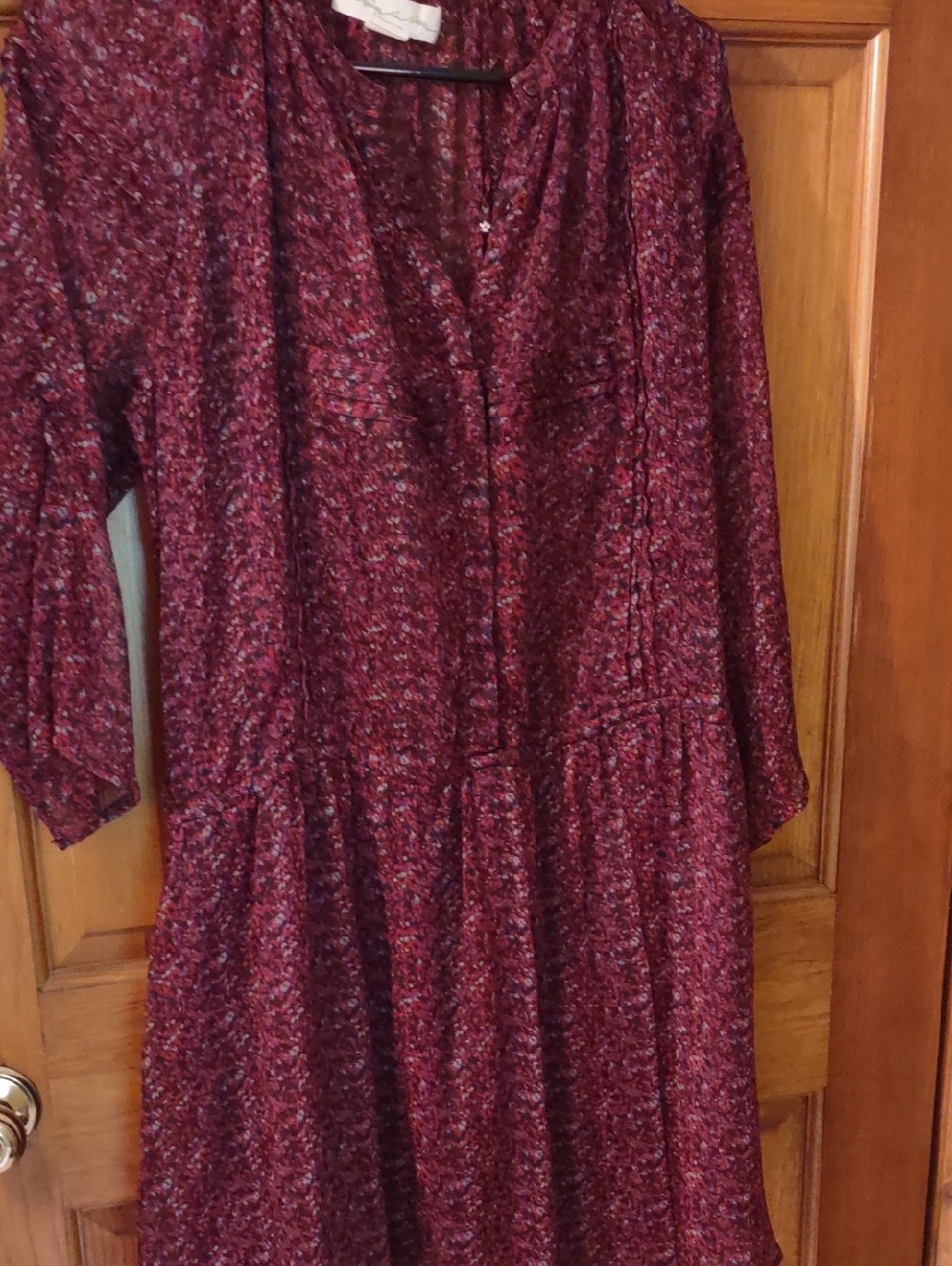 Women's Burgundy Floral Long-Sleeve Dress With See Through Bodice with Lined Sk.